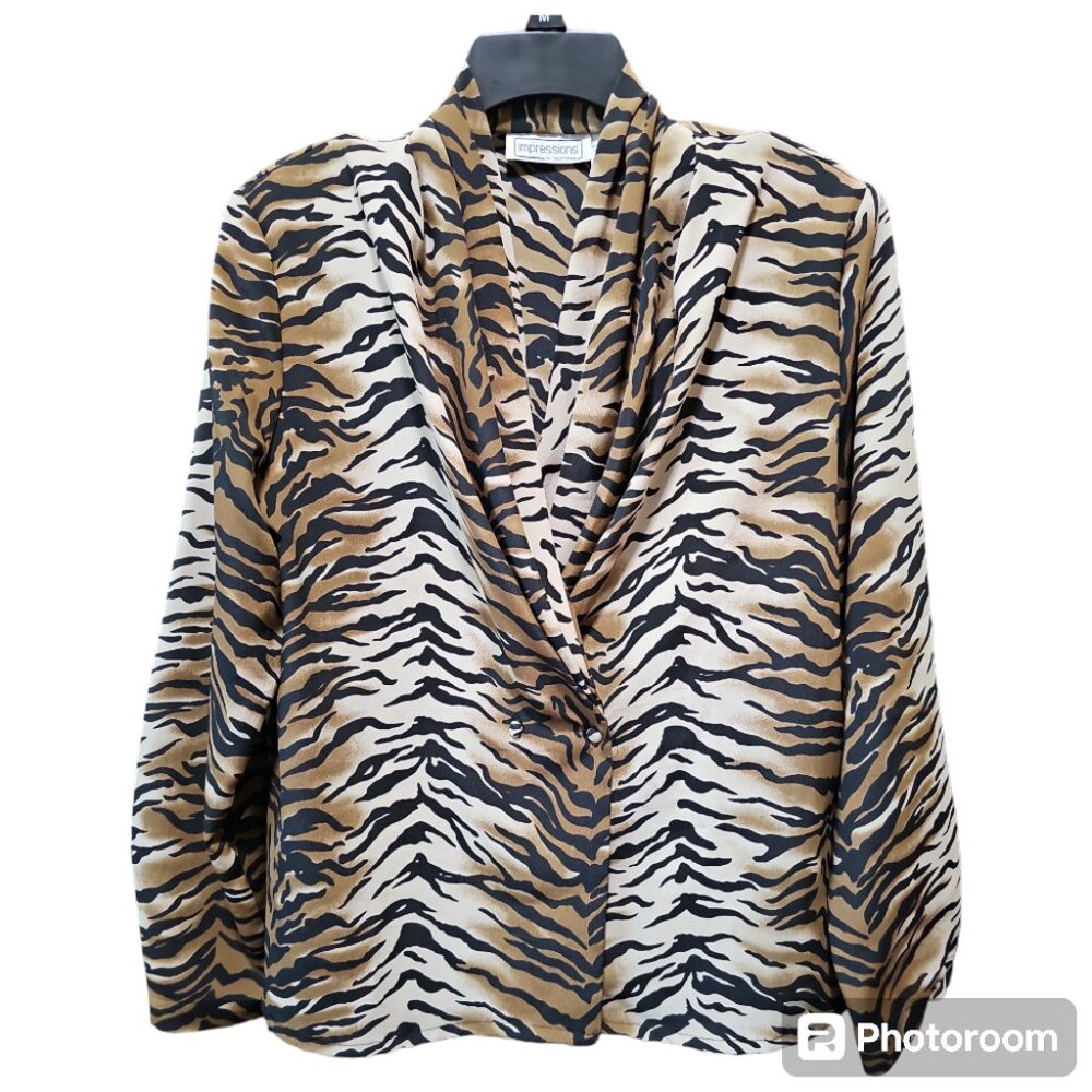 Impressions of California Blouse Long Sleeve Tiger Print Size 12